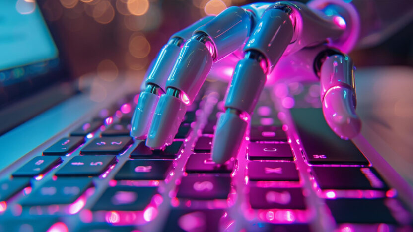 Metallic robotic hand on glowing keyboard with pink and blue neon lights.